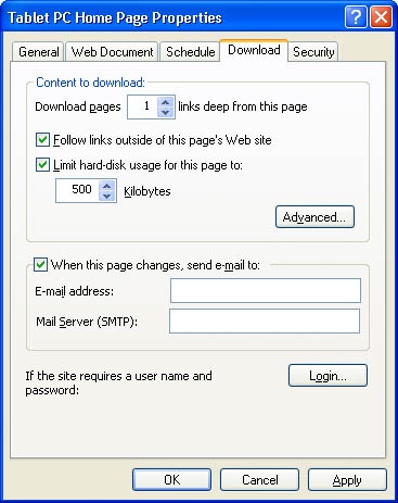 Settings for downloading offline Web pages can be specified on the Download tab of the Properties dialog box.