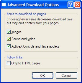 The Advanced Download Options dialog box allows you to specify what content you want included in the download of offline Web pages.
