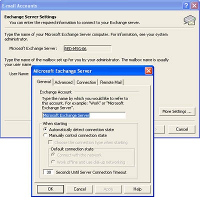 Options for switching between working offline and on line when using Exchange Server.