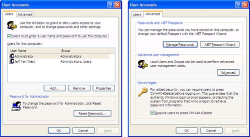 The Users and Advanced tabs of the User Accounts control panel. If your tablet is not part of a domain, you can open this alternative control panel by using the control userpasswords2 command.