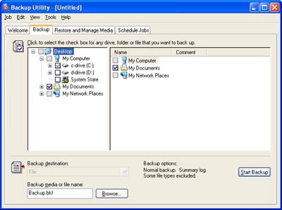 Windows Backup in advanced mode with the My Documents folder selected for backup.