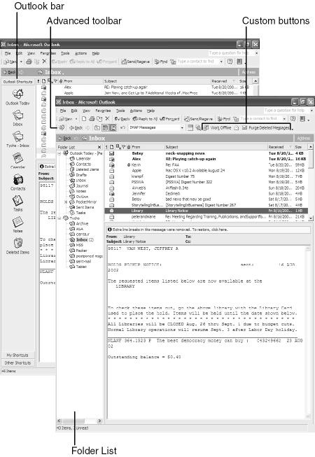 Outlook with the Outlook Bar and Outlook with the Folder List and the Advanced toolbar.