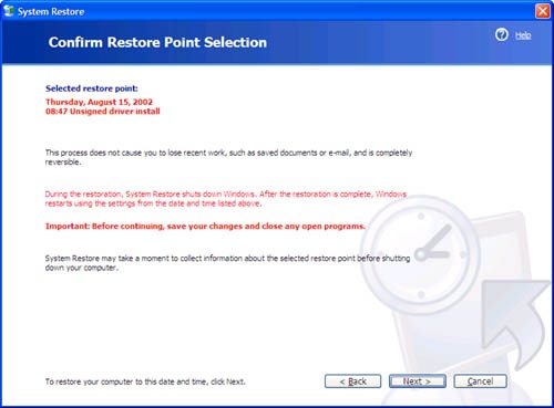 The confirmation screen during a system restore.