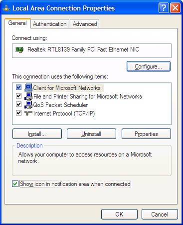 Enabling the option to view network connection status in the notification area of the Windows taskbar.