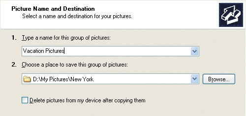 Type in a name and destination for the picture.