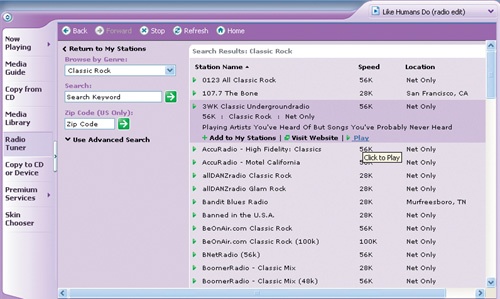 Locating and playing an Internet radio station is easy using Windows Media Player.