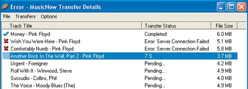 The MusicNow Transfer Details window keeps you informed about how your current downloads are doing.
