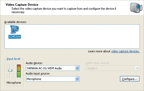 When choosing the Web cam on the Available Devices page, you’ll most likely have additional options.