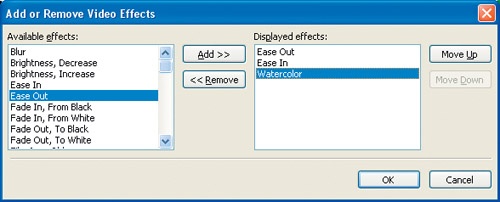 Adding video effects is easy; just right-click the clip and click either Fade In, Fade Out, or Video Effects. If you choose Video Effects, you can use this dialog box to select and apply the desired effects to the selected clip.