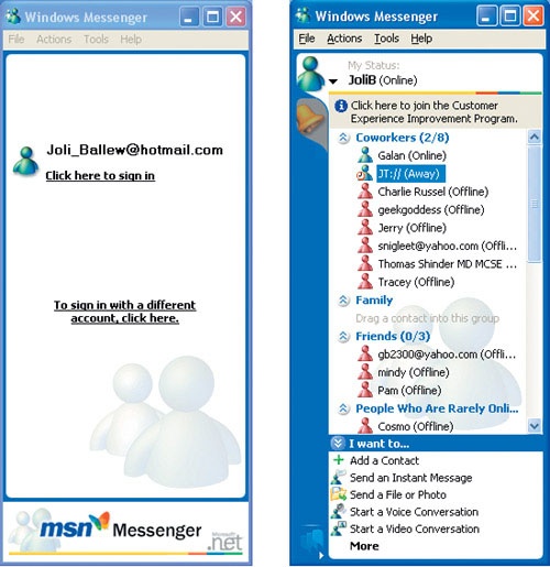 In this figure, Windows Messenger has been logged off, and MSN Messenger 5.0 is active and logged on.
