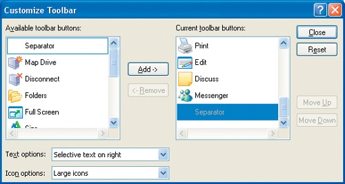 You can customize the Standard Buttons toolbar by right-clicking it and choosing Customize.