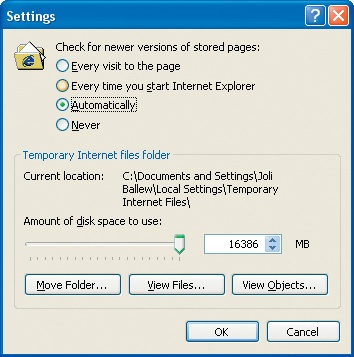 The Settings dialog box is where you increase the Temporary Internet Files folder.