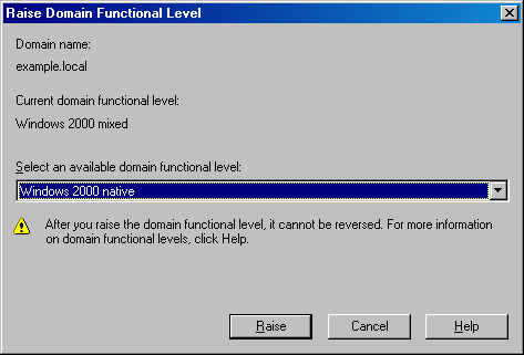 The Raise Domain Functional Level dialog box