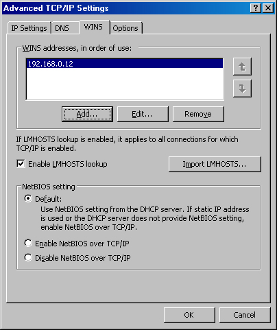 The WINS tab of the Advanced TCP/IP Settings dialog box