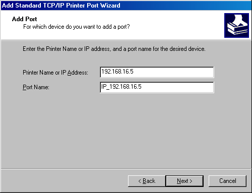 The Add Port page of the Add Standard TCP/IP Printer Port Wizard