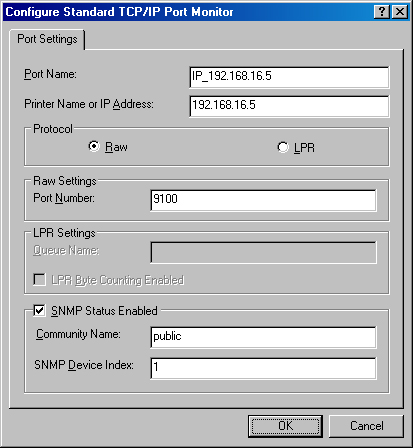 The Configure Standard TCP/IP Port Monitor dialog box of the Add Standard TCP/IP Printer Port Wizard