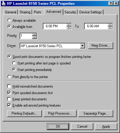 The Advanced tab of a printer’s Properties dialog box