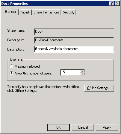 The General tab of a shared folder’s Properties dialog box