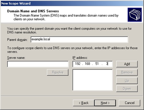 The Domain Name And DNS Servers page of the New Scope Wizard