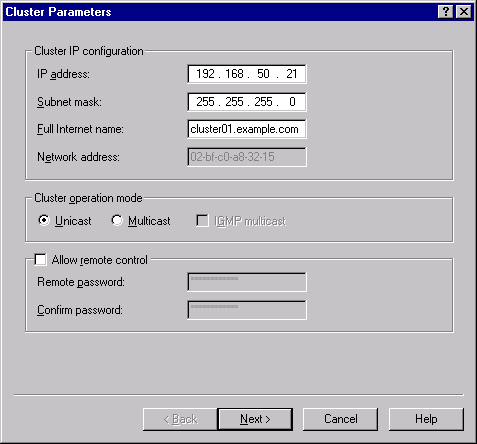 The Cluster Parameters screen