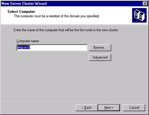 The Select Computer page of the New Server Cluster Wizard
