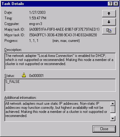 The Task Details page, showing that one adapter is configured for DHCP