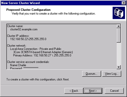 The Proposed Cluster Configuration page of the New Server Cluster Wizard