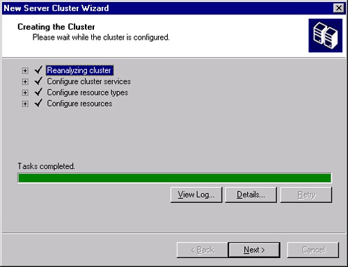 The Creating The Cluster page of the New Server Cluster Wizard