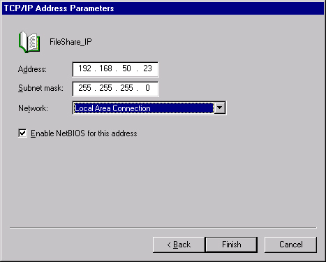 The TCP/IP Address Parameters page of the New Resource Wizard