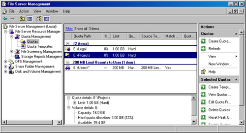 The Quotas pane of the File Server Resource Manager console