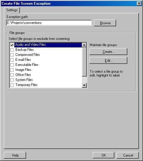 The Create File Screen Exception dialog box