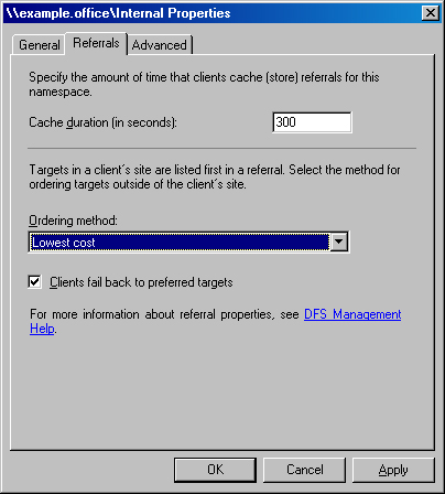 The Referrals tab of a namespace Properties dialog box