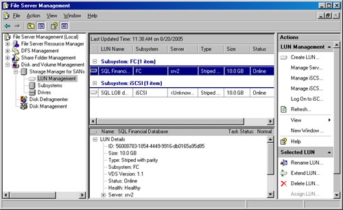 The Storage Manager For SANs console showing two LUNs