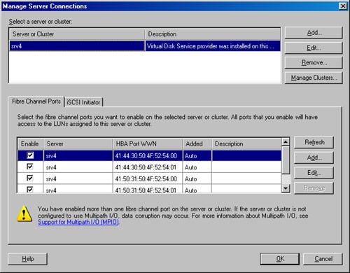 The Manage Server Connections dialog box