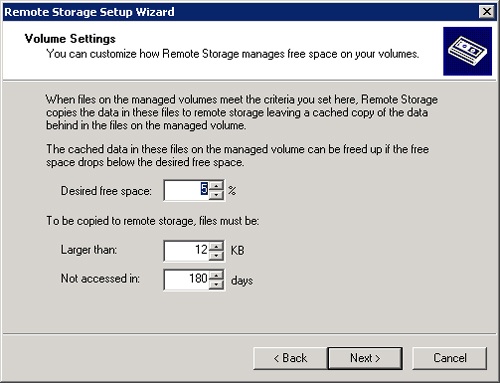 The Volume Settings page of the Remote Storage Setup Wizard