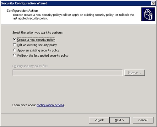 Initial options of the Security Configuration Wizard