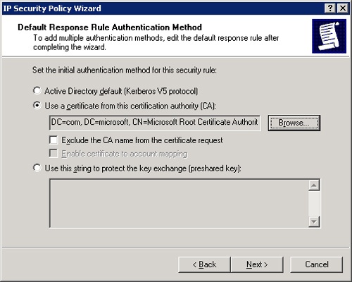 Choosing an authentication method for the Default Response rule