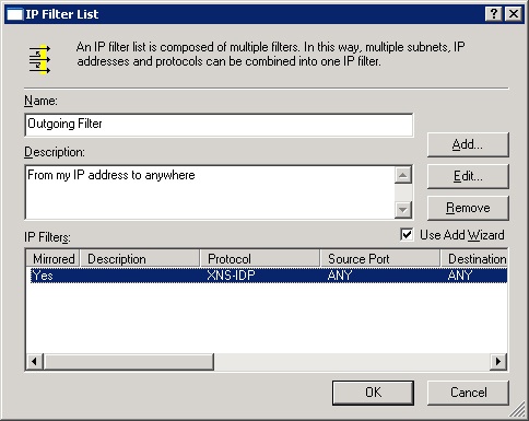 The IP Filter List dialog box