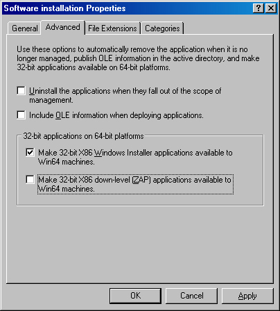 The Advanced tab of the Software Installation Properties dialog box