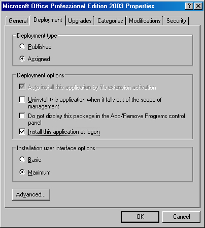 The Deployment tab of a software package’s Properties dialog box