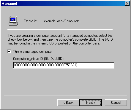 Typing a GUID for a managed computer account