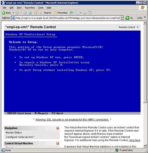 The Remote Control page for a virtual machine