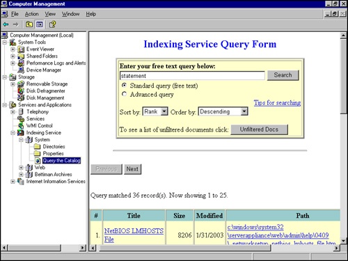 The query form built into the Indexing Service