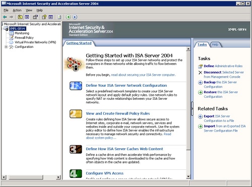 The Getting Started page of the ISA Server 2004 management console