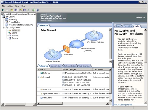 The Networks page of the ISA Server 2004 management console