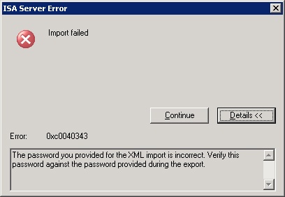 The ISA Server Error dialog box