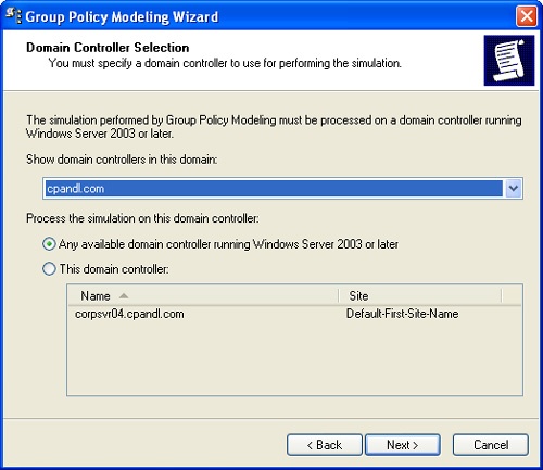 Selecting the domain controller on which the simulation will run