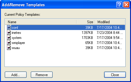 Viewing the Add/Remove Templates dialog box within the Group Policy Object Editor