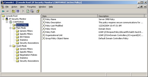 Viewing active policy details within the IP Security monitor snap-in