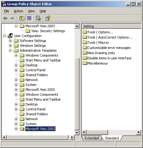 Visio® 2003 policy settings after the Visio11.adm file is added to the GPO
